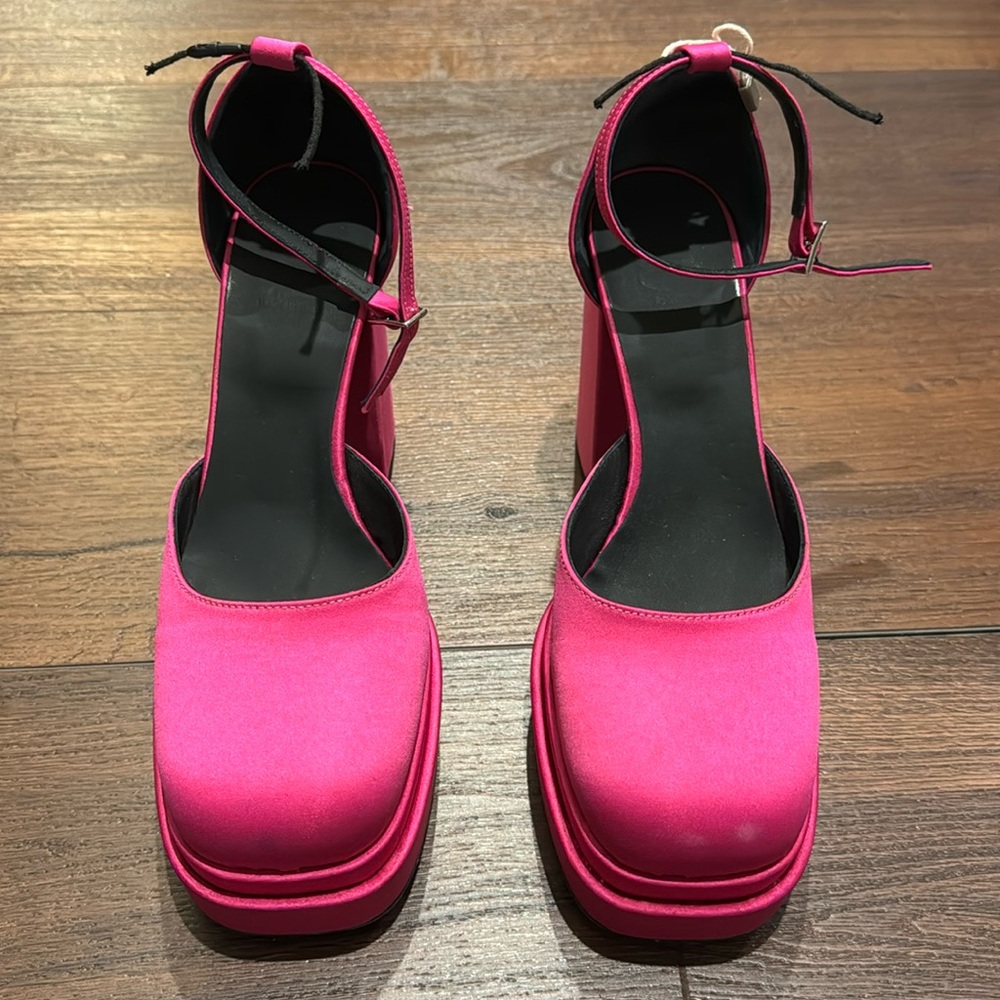 8 by Yoox NWT Pink Satin Platform Lace-up Block heel Pumps. Made in Italy. - Picture 6 of 15